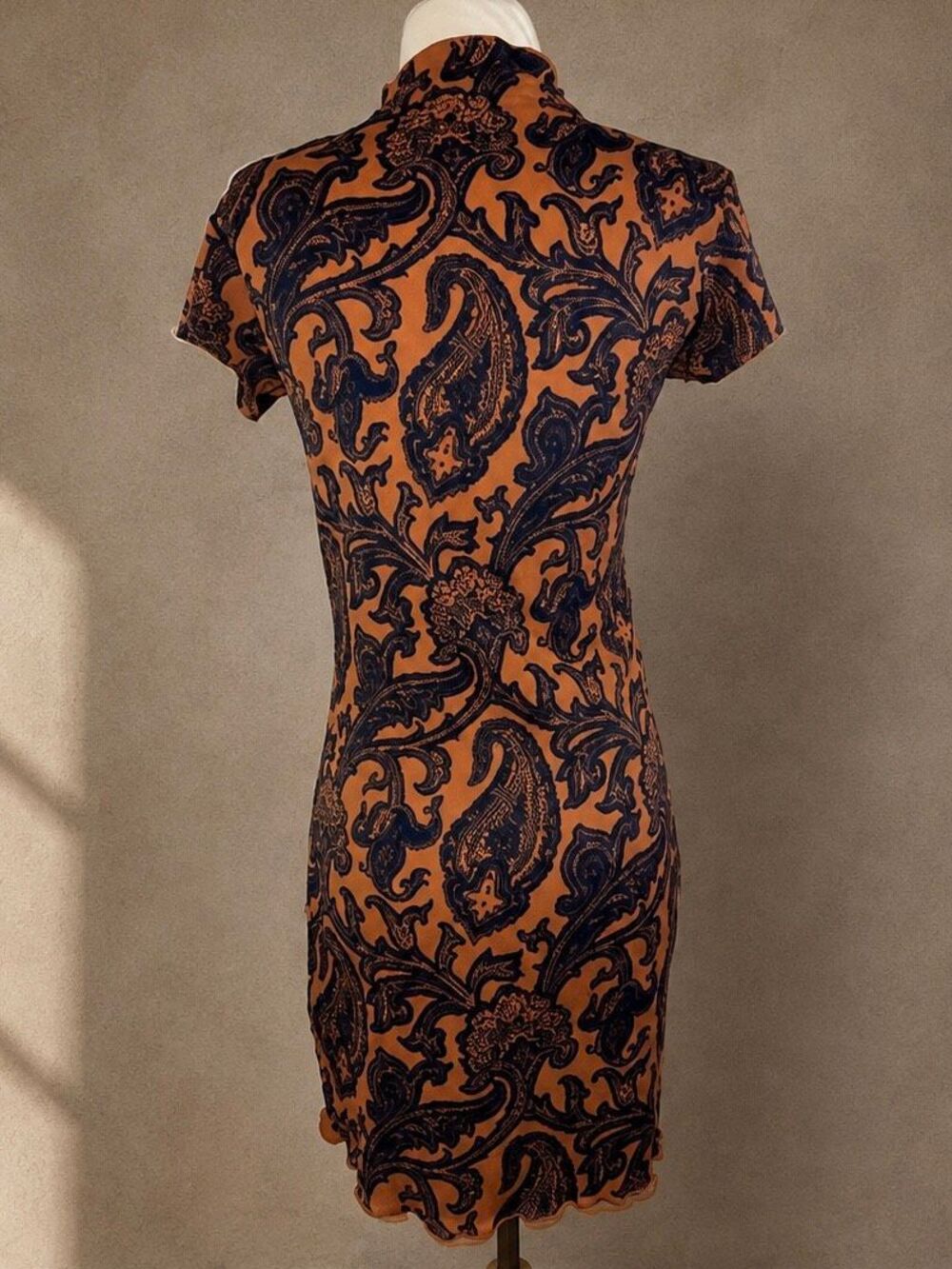 Urban Outfitters Size M Paisley Mock Neck Mini Dress Brown Blue Ribbed Stretch - Picture 6 of 10